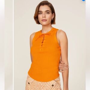 Ulla Johnson Rib-Knit Round Neck Lace-Up Tank Top Marigold Tangerine🍊Evangeline